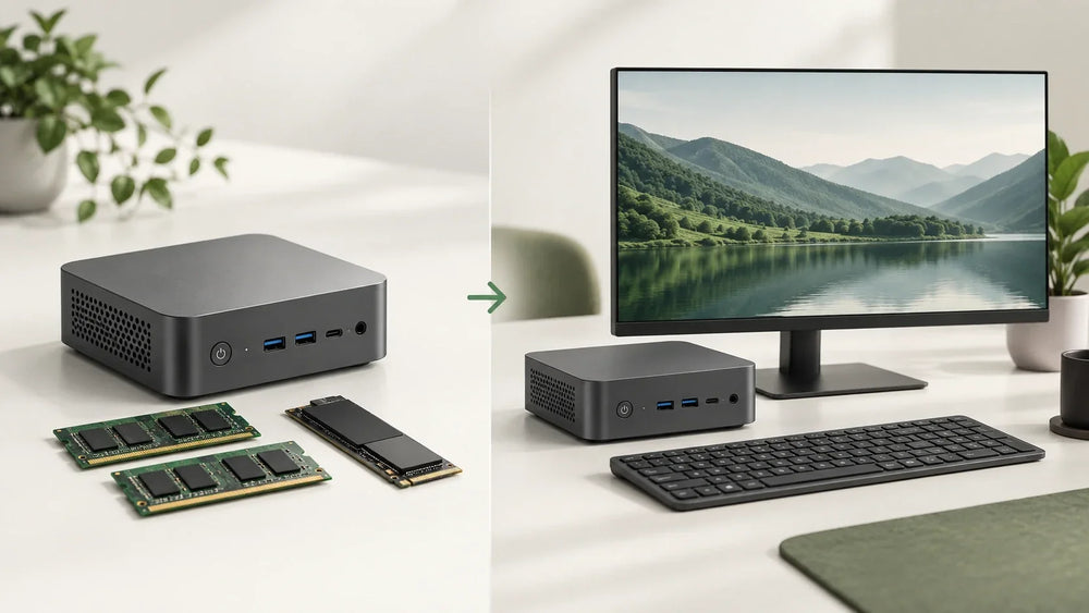 Concept illustration of a barebone mini PC with separate RAM and SSD beside a configured setup with a monitor and keyboard.