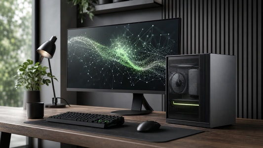 Kompakter Gaming-PC führt eine lokale KI-Anwendung an einem modernen Arbeitsplatz aus