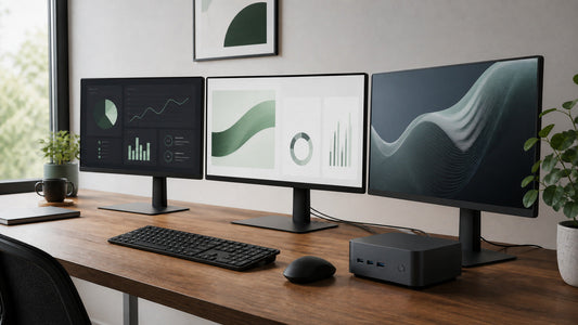 Compact Mini PC powering a clean three-monitor home-office workspace