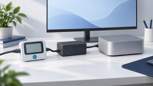 Concept illustration of a mini PC, power adaptor and energy meter on a desk.