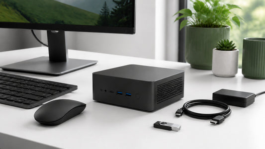 Compact Mini PC setup with monitor, keyboard and installation USB on a clean desk