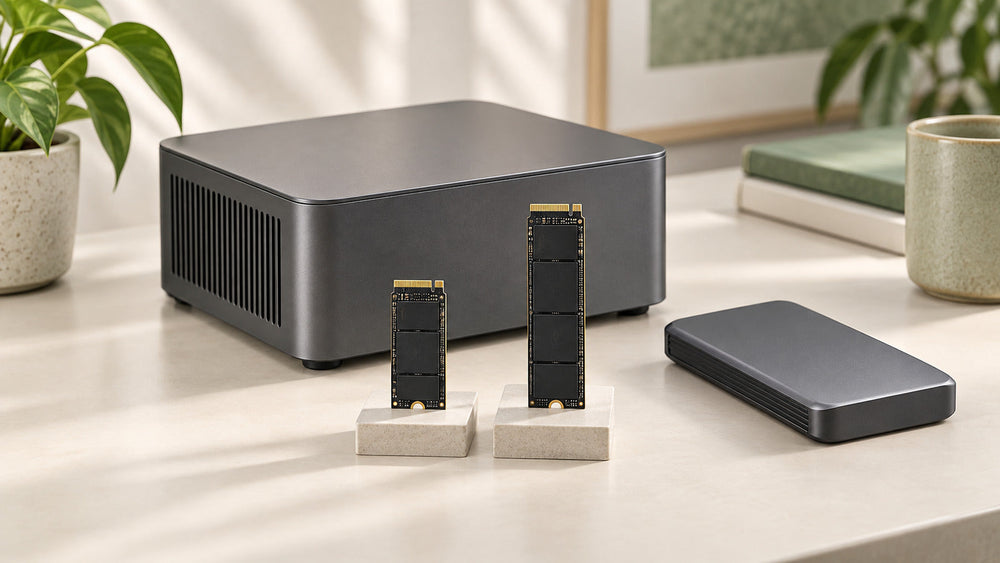 Generic mini PC with two storage modules and an external SSD enclosure on a desk.