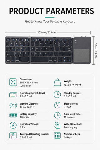 Triple-Folding Bluetooth Mini Wireless Keyboard