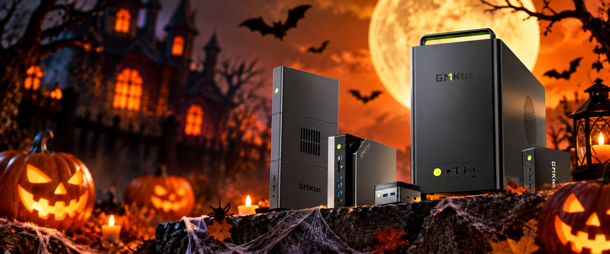 GMKtec Mini-PCs vor einem dekorativen Hintergrund in Beige und Gold.
